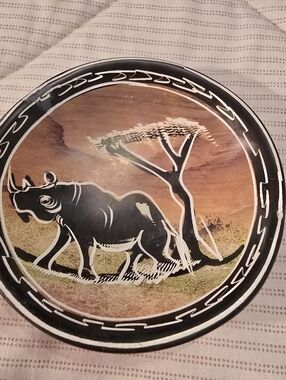 African Hand Carved Kisii Soapstone Trinket Dish Rhinoceros Under Tree Vintage